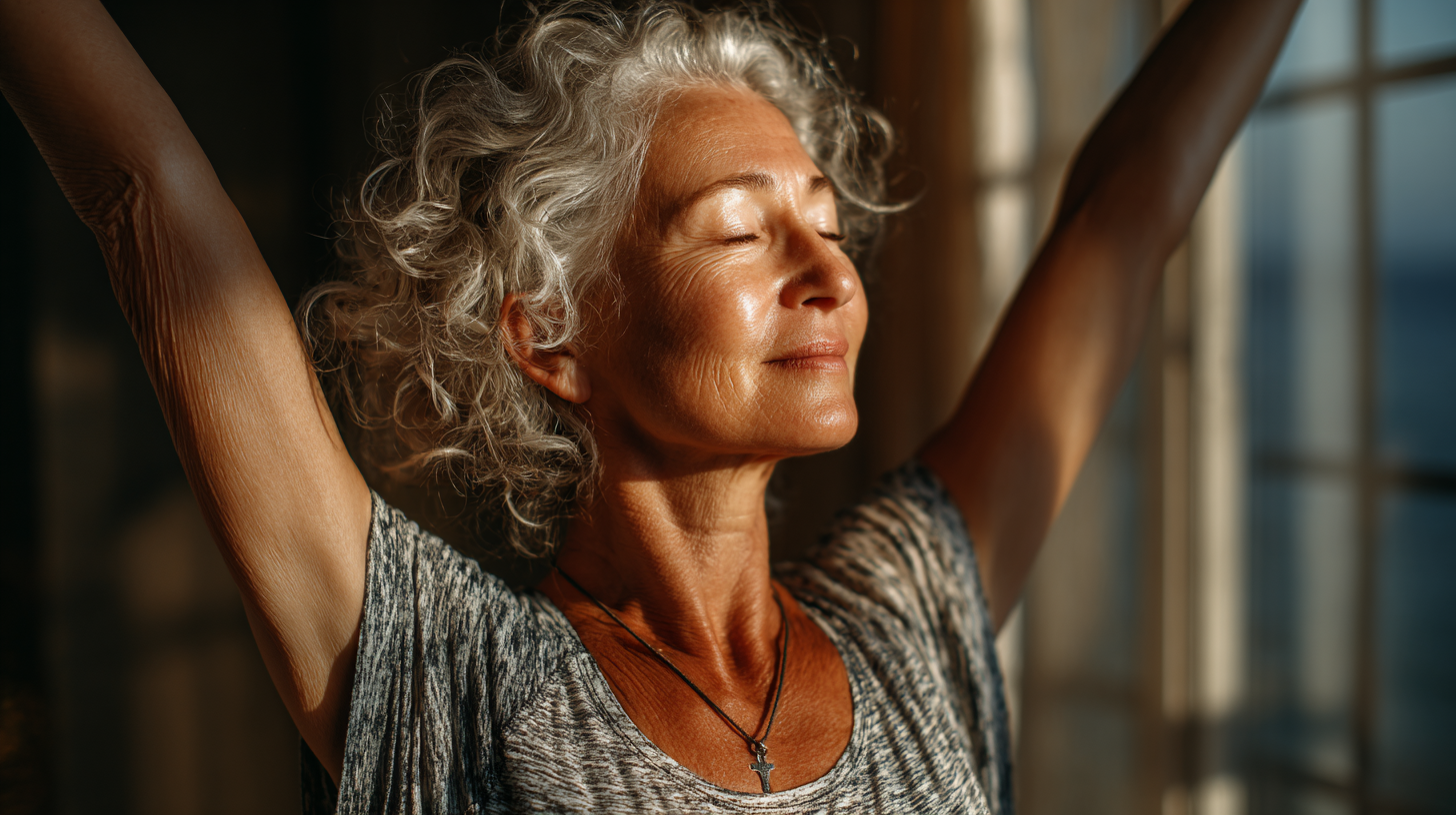 Idősebb hölgy jógázik természetes környezetben