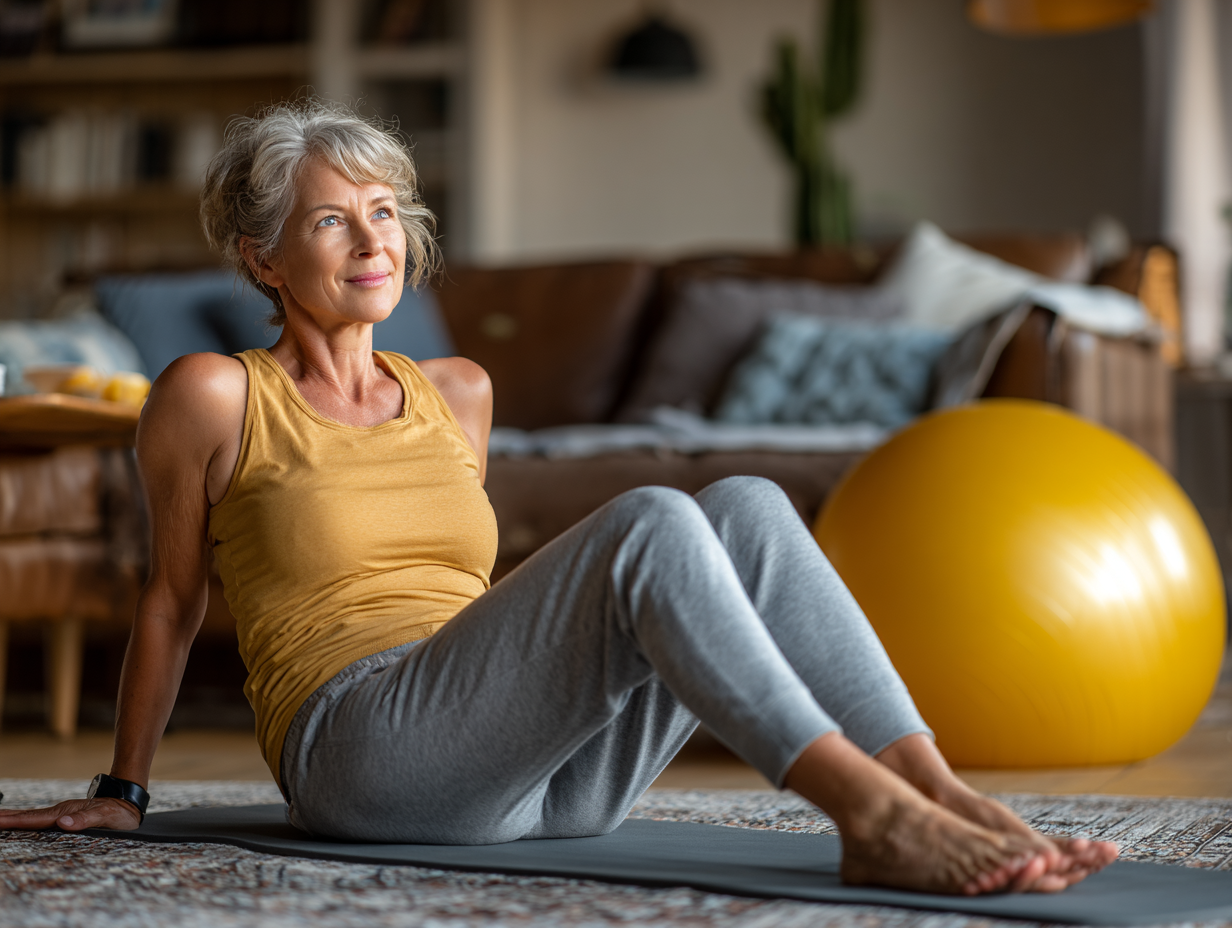 Jógatanár vezet egy csoportot idősebb embereknek