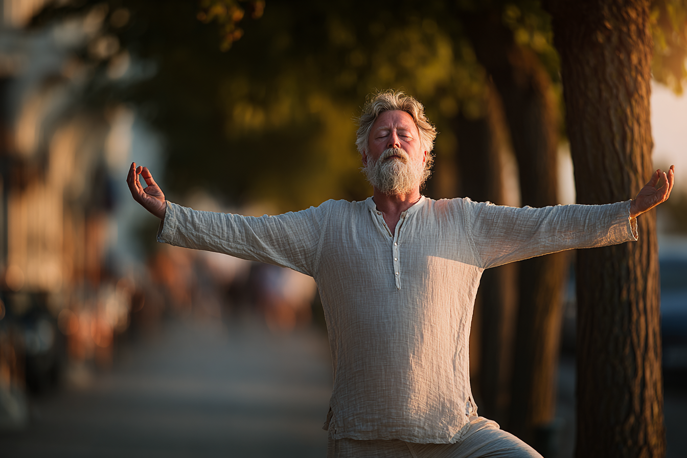 Boldog idősebb nő jóga óra után